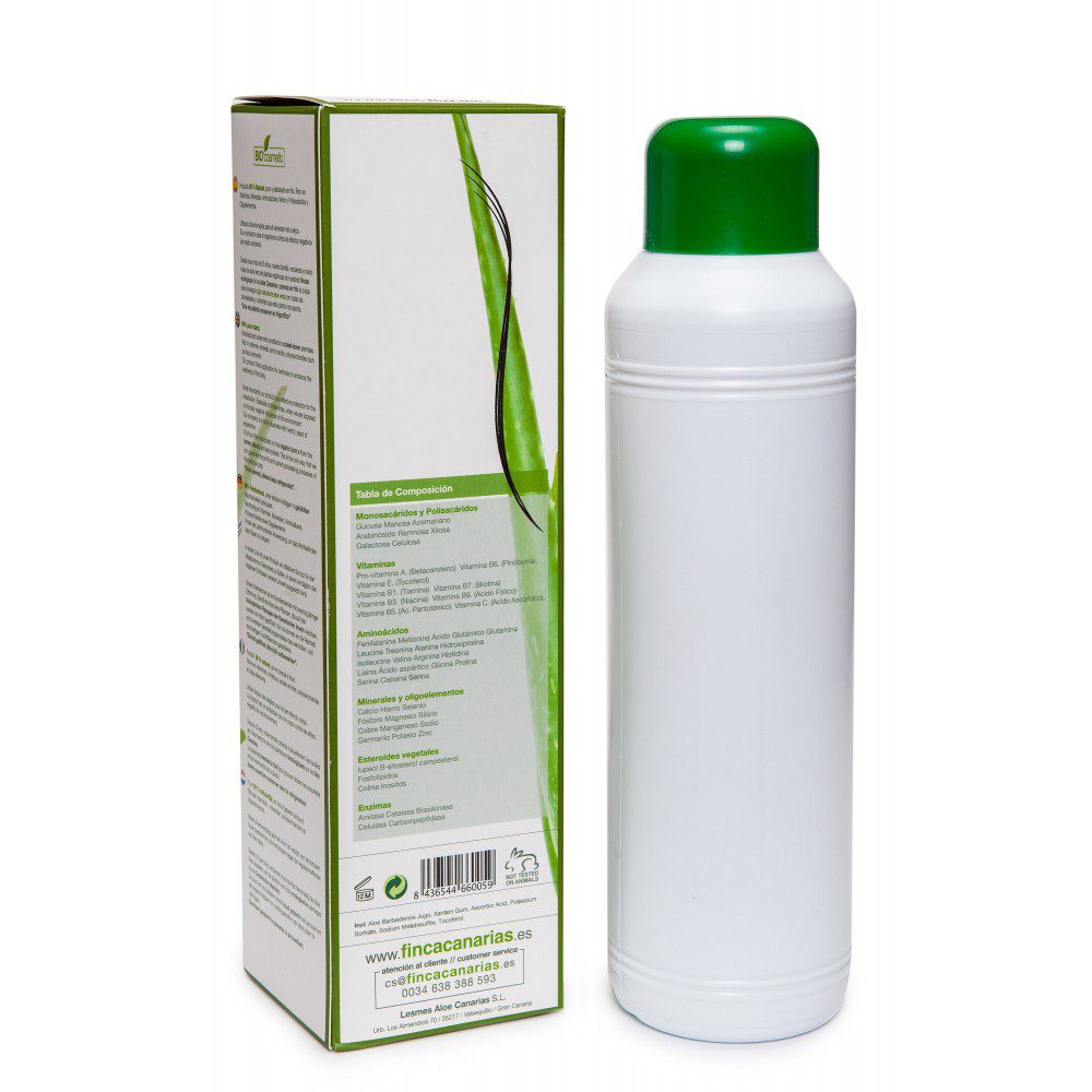 Pure Aloe Vera gel met 99% Aloë Vera uit de Canarische Eilanden fles 1 liter Achterkant