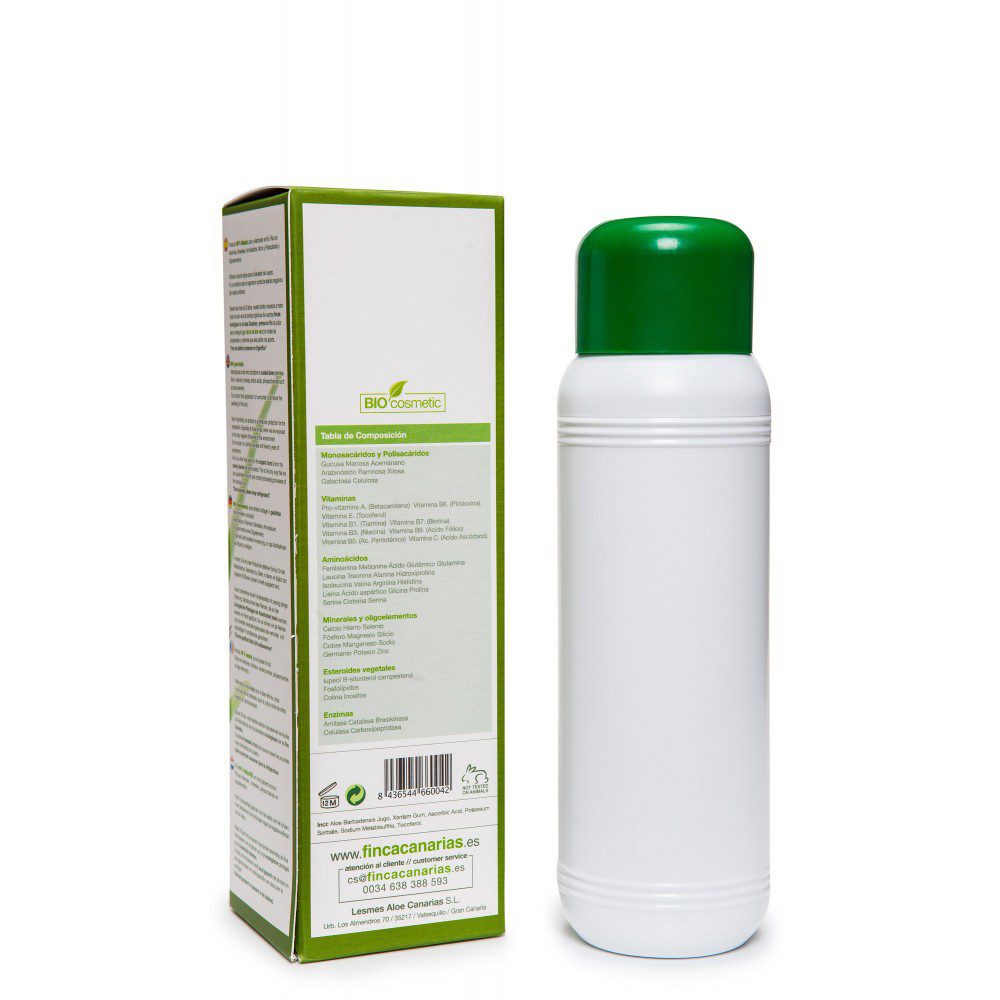 Pure Aloe Vera gel 99% uit de Canarische Eilanden fles 500 ml achterkant