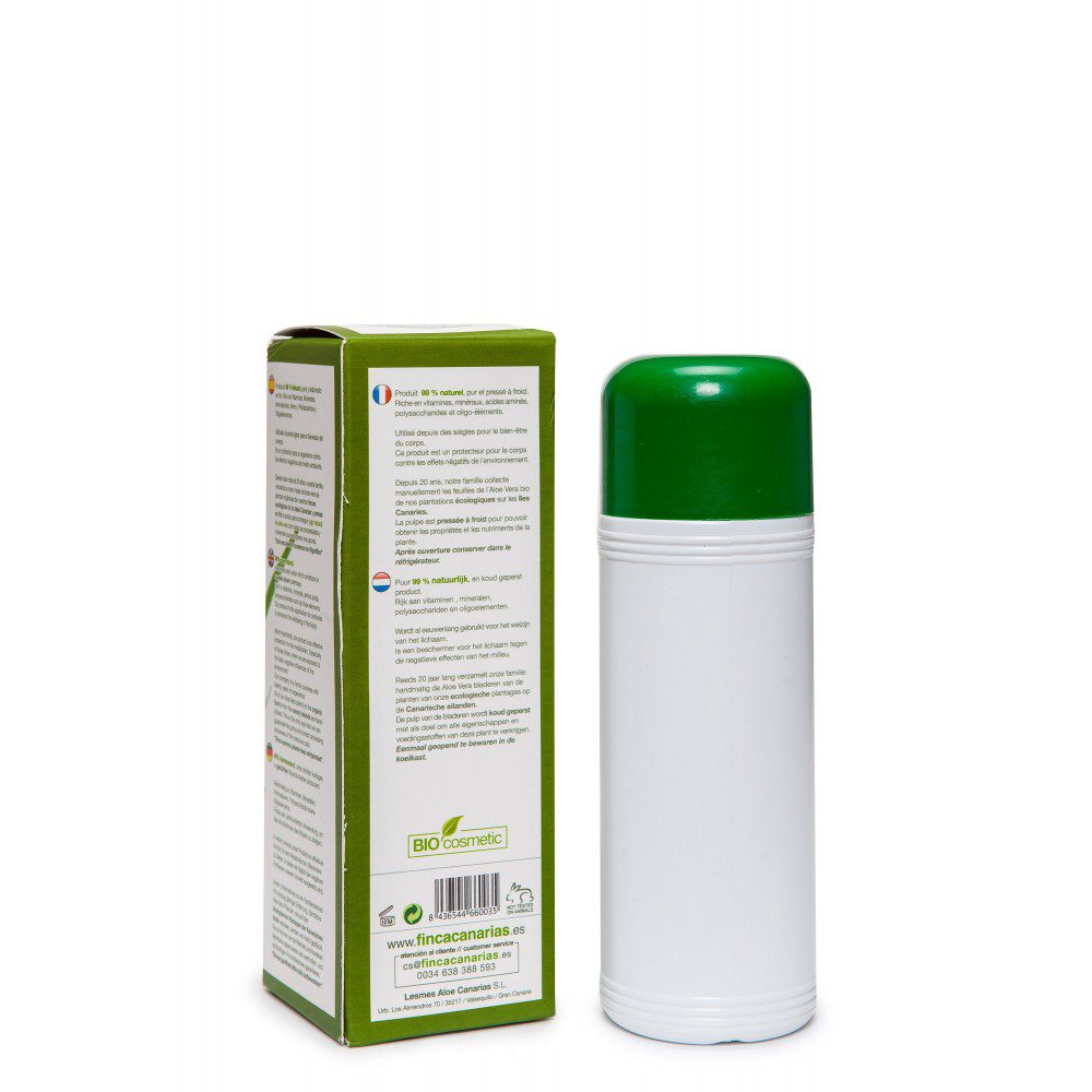 Pure Aloe Vera gel 99% uit de Canarische Eilanden fles 250 ml achterkant